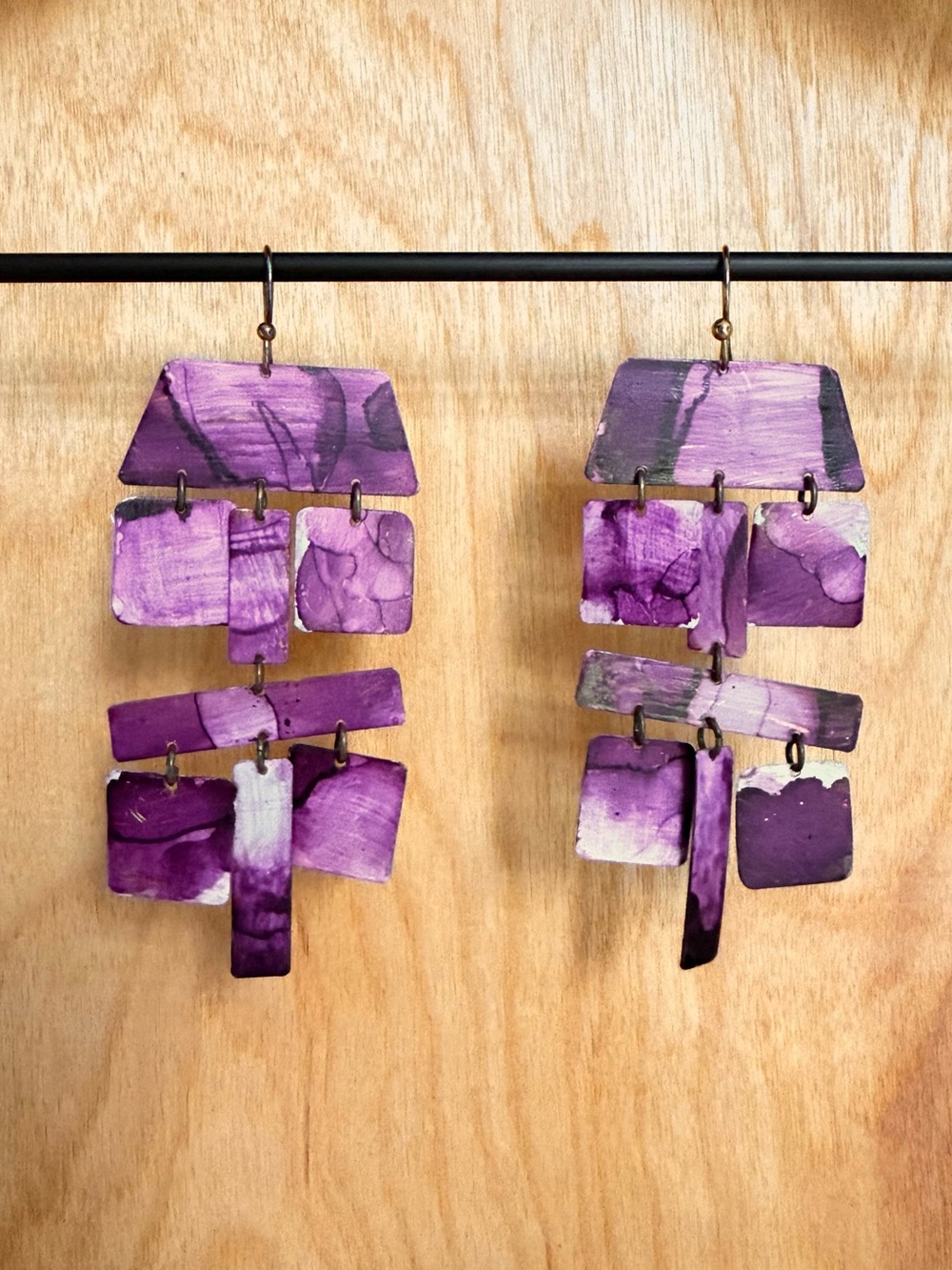 4 inch Anthropologie Handmade Purple Geometric Statement Earrings